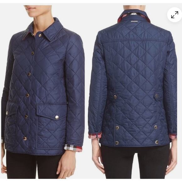 Burberry Diamond Quilted Jacket Womens Large Blue Westbridge Snap Front Coat - Picture 1 of 11